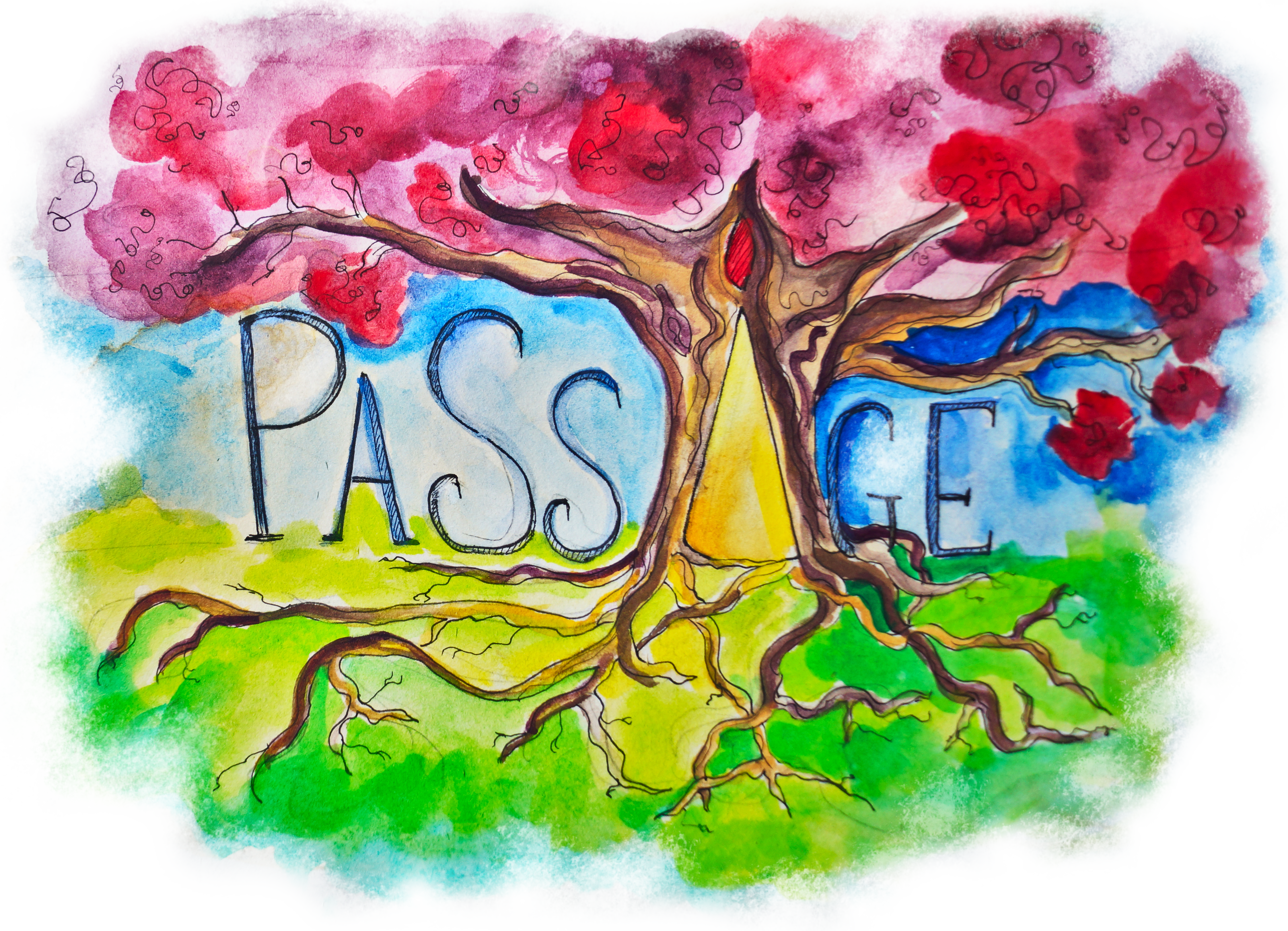 Lettres 'Passage' prises dans un arbre coloré.